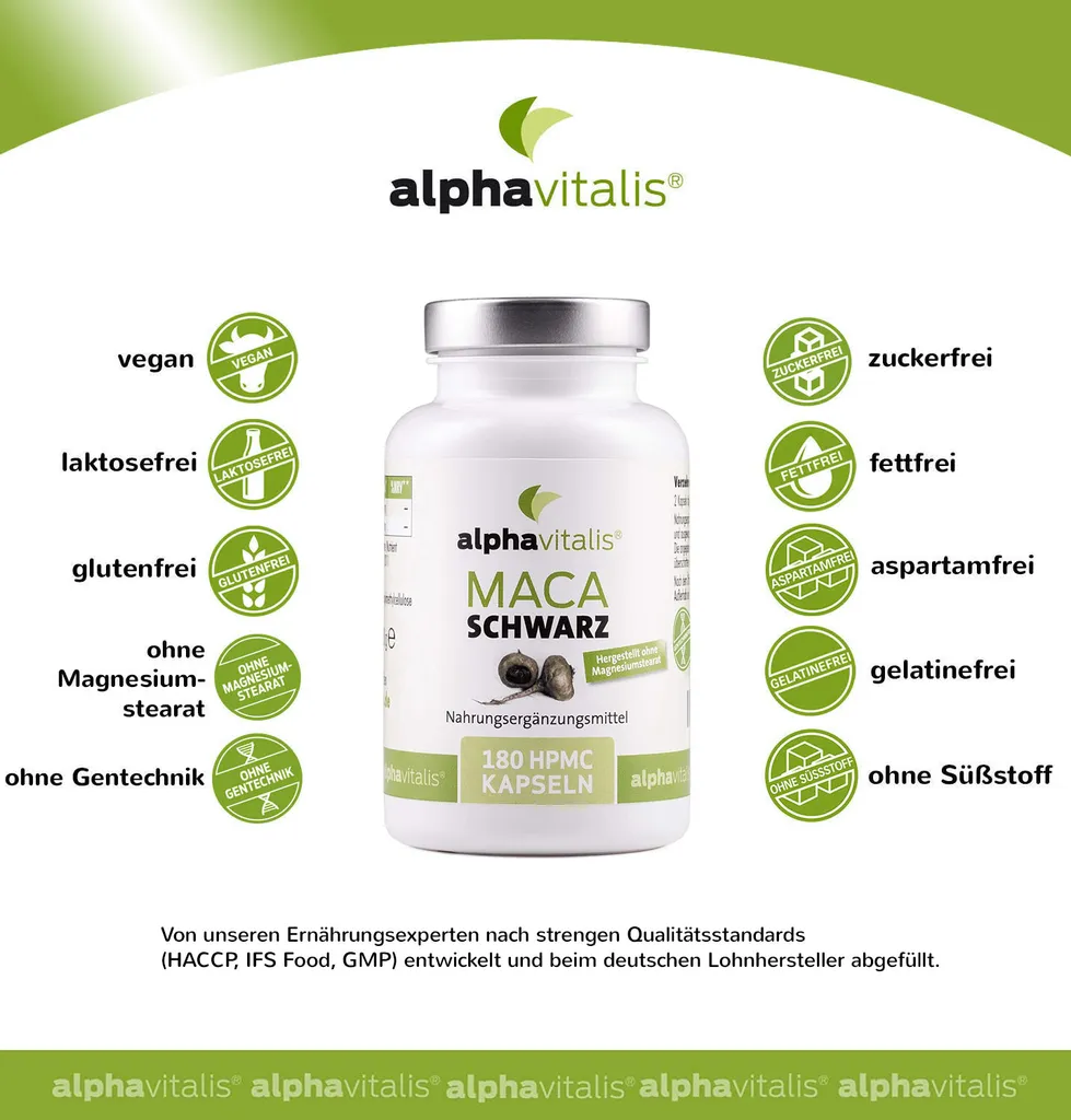 Alphavitalis Maca Schwarz | Vegan | 180 Kapseln | 4:1 Schwarzer Maca-Extrakt | | Labor | Ohne Magnesiumstearat 2 Alphavitalis Maca Schwarz | Vegan | 180 Kapseln | 4:1 Schwarzer Maca-Extrakt | | Labor | Ohne Magnesiumstearat – Bild 2
