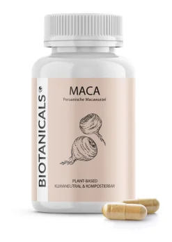 BIOTANICALS Maca Kapseln (120 Stück) - CO2 Neutral & Kompostierbar - Vegan - 1.500mg Hochwertiges Macawurzel Pulver Pro Tagesdosis