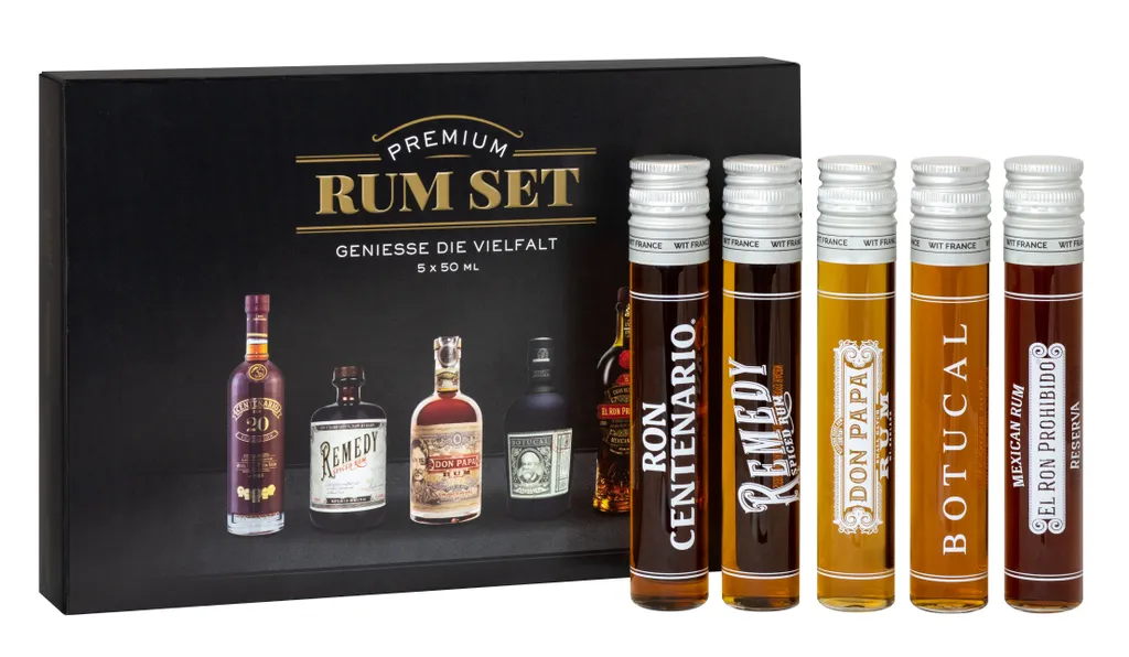 Premium Rum Tasting Set 5 X 0,05 L | Ron Centenario Solera 20 Fundación, Remedy Spiced Rum, Don Papa Rum 7 Jahre, Botucal Reserva Exclusiva & Ron Prohibido Gran Reserva Solera 15 1 Premium Rum Tasting Set 5 X 0,05 L | Ron Centenario Solera 20 Fundación, Remedy Spiced Rum, Don Papa Rum 7 Jahre, Botucal Reserva Exclusiva & Ron Prohibido Gran Reserva Solera 15