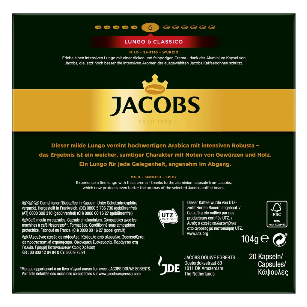 JACOBS Kapseln Nespresso®* Kompatibel Je 20 Kapseln Lungo 6 Classico + Decaffeinato 6 Lungo + Lungo 8 Intenso + Espresso 12 Ristretto - Insgesamt 160 Getränke 5 JACOBS Kapseln Nespresso®* Kompatibel Je 20 Kapseln Lungo 6 Classico + Decaffeinato 6 Lungo + Lungo 8 Intenso + Espresso 12 Ristretto - Insgesamt 160 Getränke – Bild 5