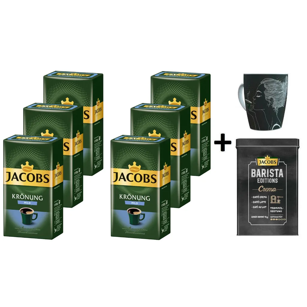 JACOBS Filterkaffee Krönung Mild 6 X 500 G Kaffee Gemahlen + 1 Becher + 1 Dose 1 JACOBS Filterkaffee Krönung Mild 6 X 500 G Kaffee Gemahlen + 1 Becher + 1 Dose