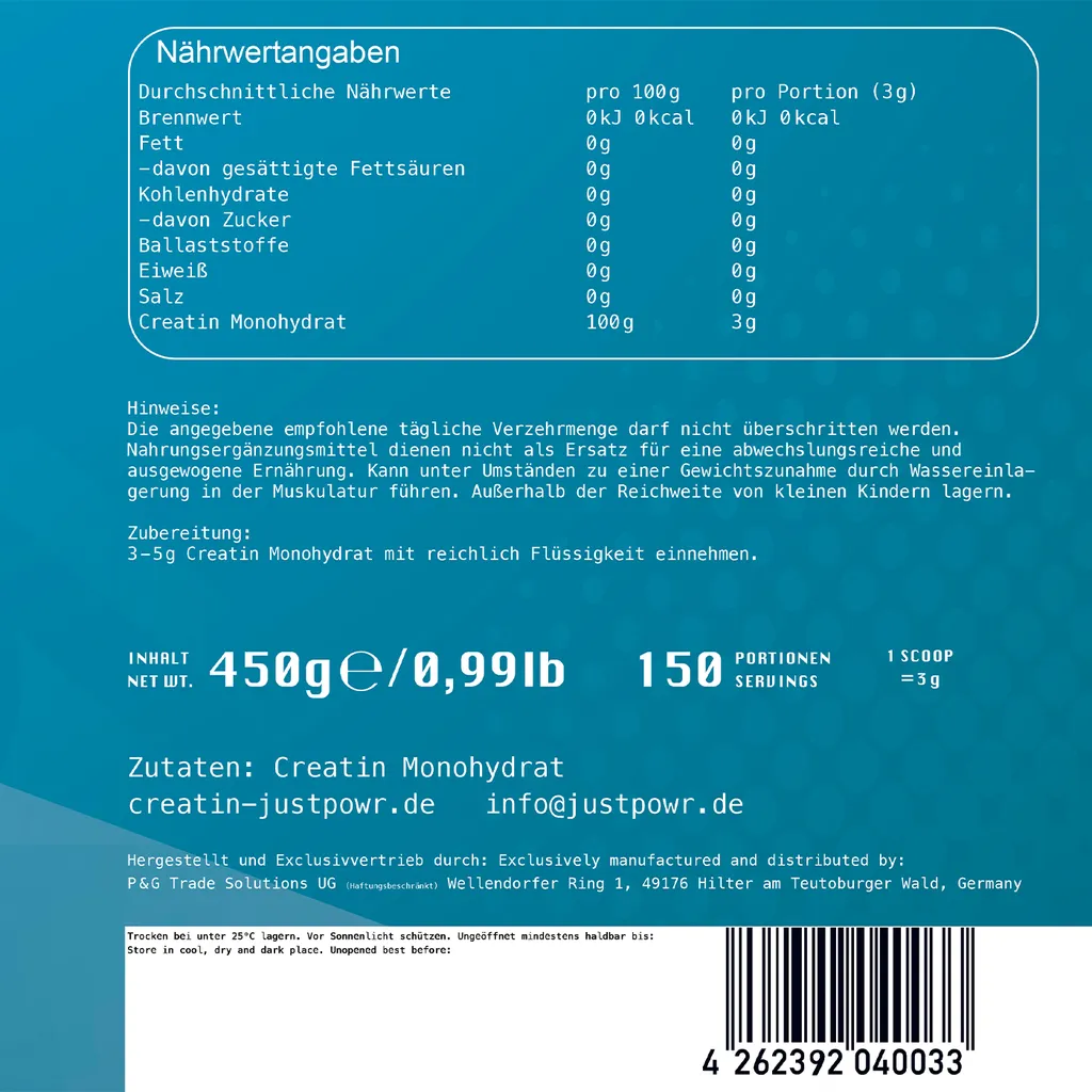 JustPowR 100% Creatin Monohydrat 450g, Labores Hochdosiertes Kreatin Monohydrat | Ultrafeines Premium Creatine Monohydrate Pulver | Kraftraining 9 JustPowR 100% Creatin Monohydrat 450g, Labores Hochdosiertes Kreatin Monohydrat | Ultrafeines Premium Creatine Monohydrate Pulver | Kraftraining – Bild 9