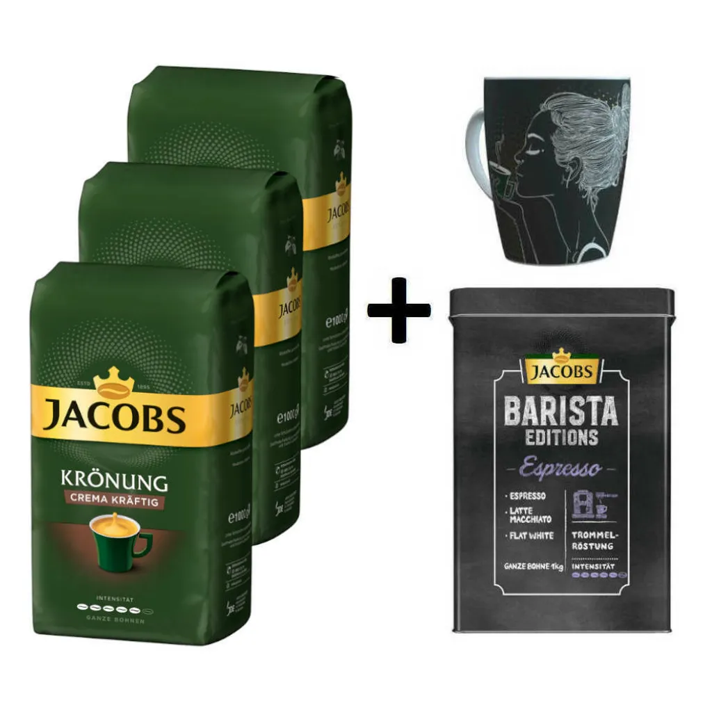 JACOBS Kaffeebohnen Krönung Crema Kräftig 3 Kg Geröstete Ganze Bohnen + 1 Jacobs Barista Becher + 1 Dose 1 JACOBS Kaffeebohnen Krönung Crema Kräftig 3 Kg Geröstete Ganze Bohnen + 1 Jacobs Barista Becher + 1 Dose