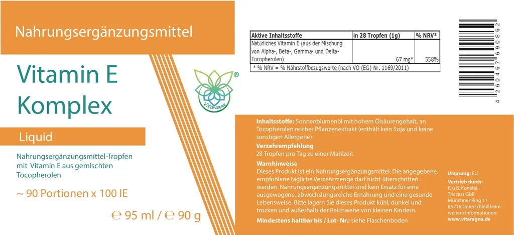 GbR Pawel M. Konefal/Birgit Konefal - Triccess GbR VITARAGNA® Vitamin-E Komplex Flüssig, Natürliches Tocopherol, Vitamin-E Öl In Bioaktiver Form In Hochwertigem Sonnenblumenöl Gelöst Als Hochdosiertes Liquid Mit 100 IE In 1g - 95ml 2 GbR Pawel M. Konefal/Birgit Konefal - Triccess GbR VITARAGNA® Vitamin-E Komplex Flüssig, Natürliches Tocopherol, Vitamin-E Öl In Bioaktiver Form In Hochwertigem Sonnenblumenöl Gelöst Als Hochdosiertes Liquid Mit 100 IE In 1g - 95ml – Bild 2