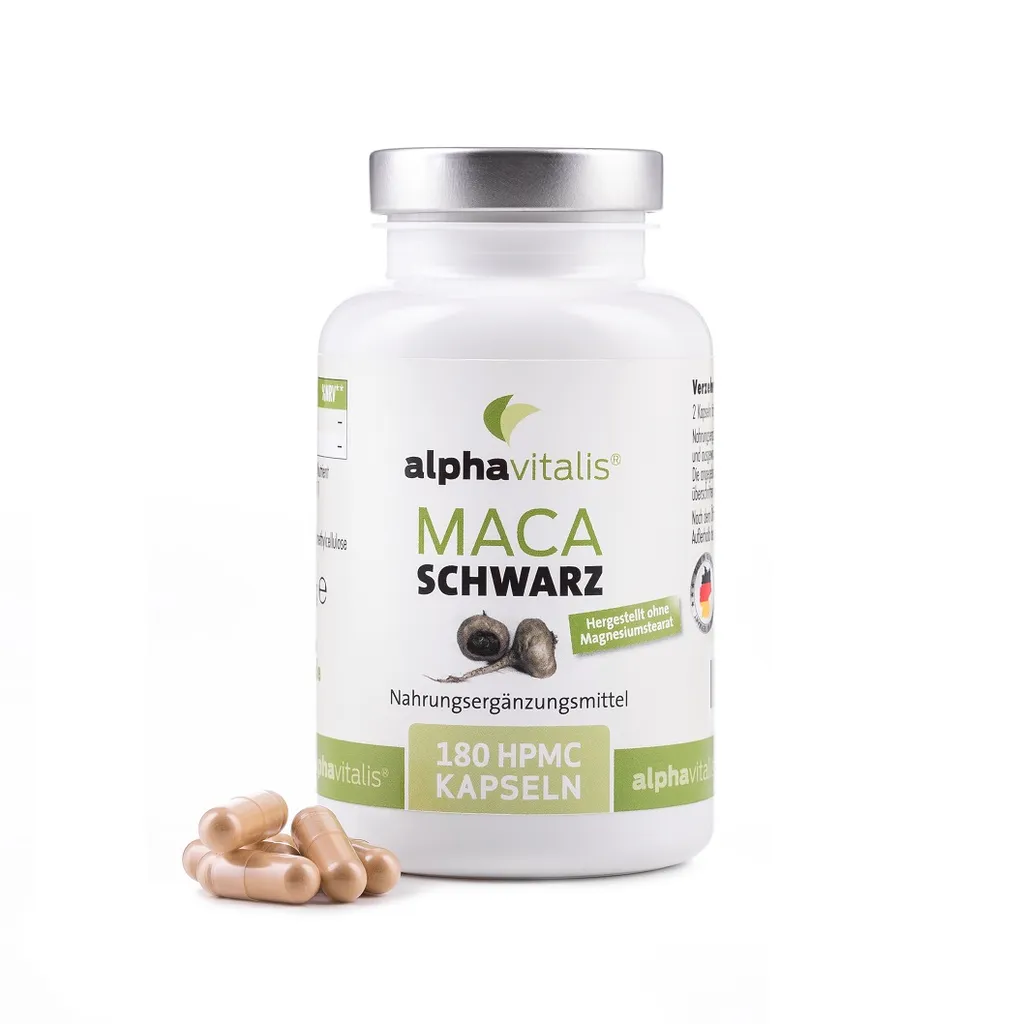 Alphavitalis Maca Schwarz | Vegan | 180 Kapseln | 4:1 Schwarzer Maca-Extrakt | | Labor | Ohne Magnesiumstearat 1 Alphavitalis Maca Schwarz | Vegan | 180 Kapseln | 4:1 Schwarzer Maca-Extrakt | | Labor | Ohne Magnesiumstearat