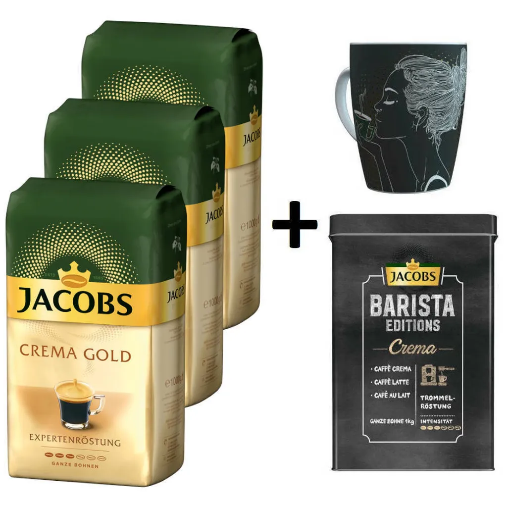 JACOBS Kaffeebohnen Expertenröstung Crema Gold 3 Kg Geröstete Bohnen+ 1 Jacobs Barista Becher+ 1 Dose 1 JACOBS Kaffeebohnen Expertenröstung Crema Gold 3 Kg Geröstete Bohnen+ 1 Jacobs Barista Becher+ 1 Dose