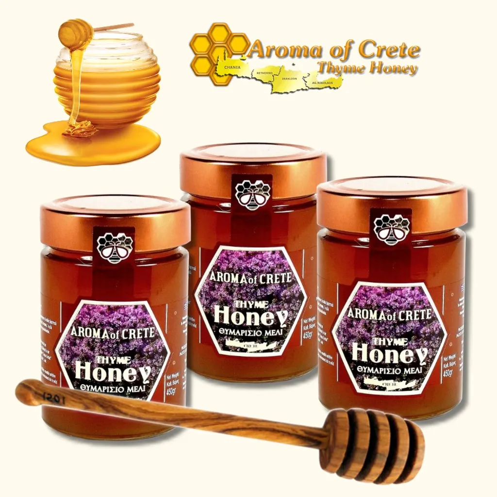 Nikolakakis Constantinos Imkerei AROMA Of CRETE 11011 - 3 X 450g Thymianhonig Von Kreta + 1 Honig-Dipper Aus Olivenholz 1 Nikolakakis Constantinos Imkerei AROMA Of CRETE 11011 - 3 X 450g Thymianhonig Von Kreta + 1 Honig-Dipper Aus Olivenholz
