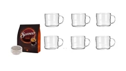 James Premium® Kaffeepads Caramel, Karamellaroma, Kaffeepad Für Pad Maschinen, Aromatischer Kaffee, 32 Pads + 6 Gläser 200ml