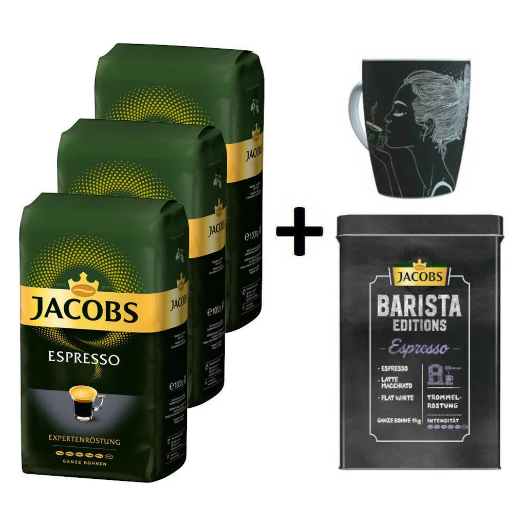 JACOBS Kaffeebohnen Expertenröstung Espresso 3 Kg Ganze Espressobohnen + 1 Jacobs Barista Becher + 1 Dose 1 JACOBS Kaffeebohnen Expertenröstung Espresso 3 Kg Ganze Espressobohnen + 1 Jacobs Barista Becher + 1 Dose