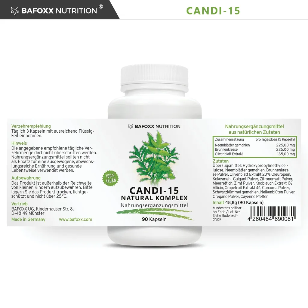 BAFOXX Nutrition® CANDI-15 Natural Komplex - 90 Kapseln Hochdosiert - Naturprodukt Mit 15 Pflanzlichen Zutaten U.a. Neem 3 BAFOXX Nutrition® CANDI-15 Natural Komplex - 90 Kapseln Hochdosiert - Naturprodukt Mit 15 Pflanzlichen Zutaten U.a. Neem – Bild 3