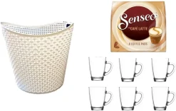 WAK INNOVATION Senseo Latte Pads Für Geeignet Senseo Und Weitere Kaffeemaschinen Aktion+ 6 Kaffeebecher Mit Henkel Plus Wäschekorbaktion Rattan-Design 27 Liter Senseo Kaffeemaschine Senseo Pads