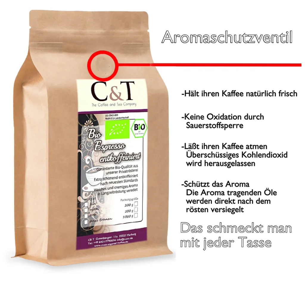 The Coffee And Tea Company Biologischer Espresso Crema | Cafe Entkoffeiniert 100 % Arabica 1000 G Entkoffeinierter Kaffee Gemahlen Im Kraftpapierbeutel 2 The Coffee And Tea Company Biologischer Espresso Crema | Cafe Entkoffeiniert 100 % Arabica 1000 G Entkoffeinierter Kaffee Gemahlen Im Kraftpapierbeutel – Bild 2
