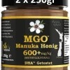 MANUKA HONIG BEE NATURAL MGO® 600+ 500g (= 2 X 250g) / MANUKAHONIG IN EINEM ECHTGLAS GLAS # MGO 300 ≥ UMF 10, 400 ≥ UMF 12, 550 ≥ 15, 700 ≥ 18, 800 ≥ 19, 850 ≥ 20