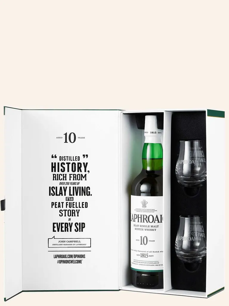 Laphroaig 10 Jahre Mit 2 Gläsern Single Malt Scotch Whisky 0,7l, Alc. 40 Vol.-% 1 Laphroaig 10 Jahre Mit 2 Gläsern Single Malt Scotch Whisky 0,7l, Alc. 40 Vol.-%