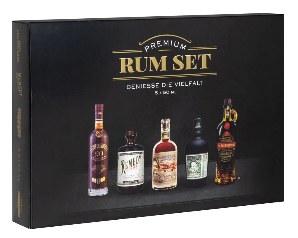 Premium Rum Tasting Set 5 X 0,05 L | Ron Centenario Solera 20 Fundación, Remedy Spiced Rum, Don Papa Rum 7 Jahre, Botucal Reserva Exclusiva & Ron Prohibido Gran Reserva Solera 15 2 Premium Rum Tasting Set 5 X 0,05 L | Ron Centenario Solera 20 Fundación, Remedy Spiced Rum, Don Papa Rum 7 Jahre, Botucal Reserva Exclusiva & Ron Prohibido Gran Reserva Solera 15 – Bild 2