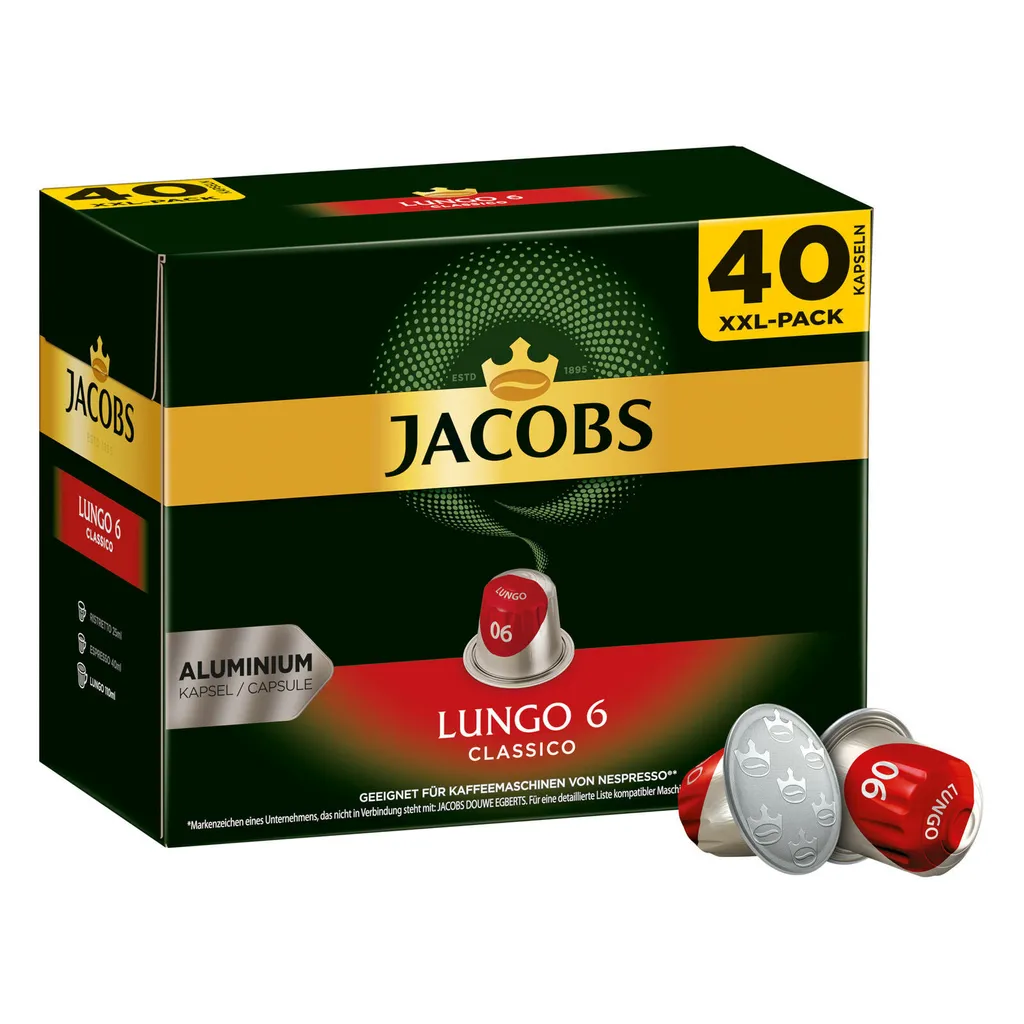 JACOBS Kapseln Nespresso®* Kompatible 2 X 40 Lungo 6 Classico + 2 X 40 8 Intenso XXL-Packs - Insgesamt 160 Getränke 1 JACOBS Kapseln Nespresso®* Kompatible 2 X 40 Lungo 6 Classico + 2 X 40 8 Intenso XXL-Packs - Insgesamt 160 Getränke