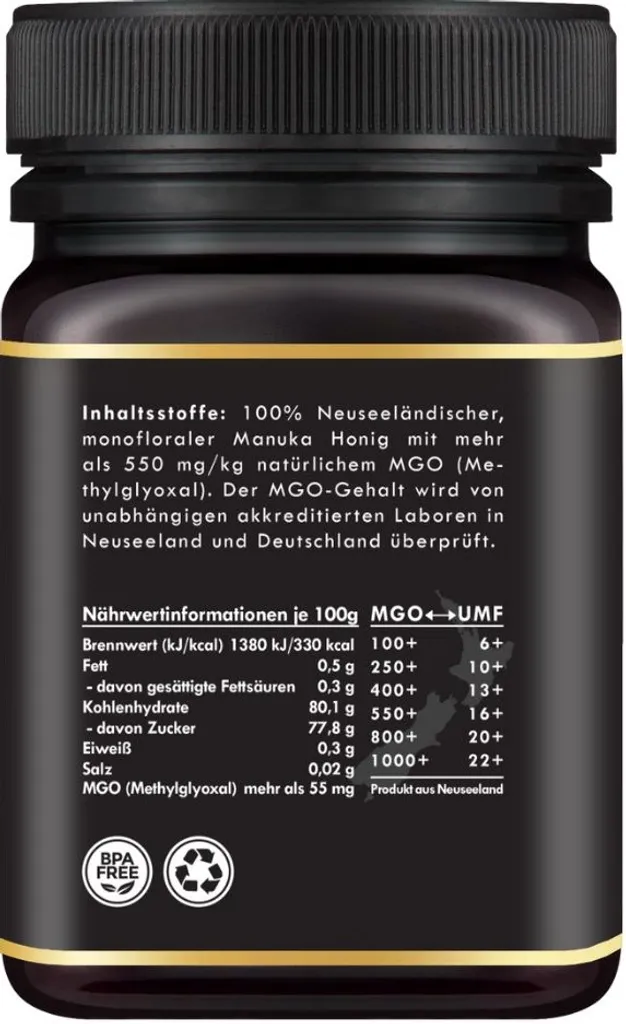 PowerFabrik Einfach Natürlich Manuka Honig | MGO 550+ | 500g | HALAL | Das ORIGINAL Aus NEUSEELAND | PUR, ROH & | 100% Natürlich | INKL. GRATIS HONIGLÖFFEL Aus Holz | PowerFabrik 2 PowerFabrik Einfach Natürlich Manuka Honig | MGO 550+ | 500g | HALAL | Das ORIGINAL Aus NEUSEELAND | PUR, ROH & | 100% Natürlich | INKL. GRATIS HONIGLÖFFEL Aus Holz | PowerFabrik – Bild 2