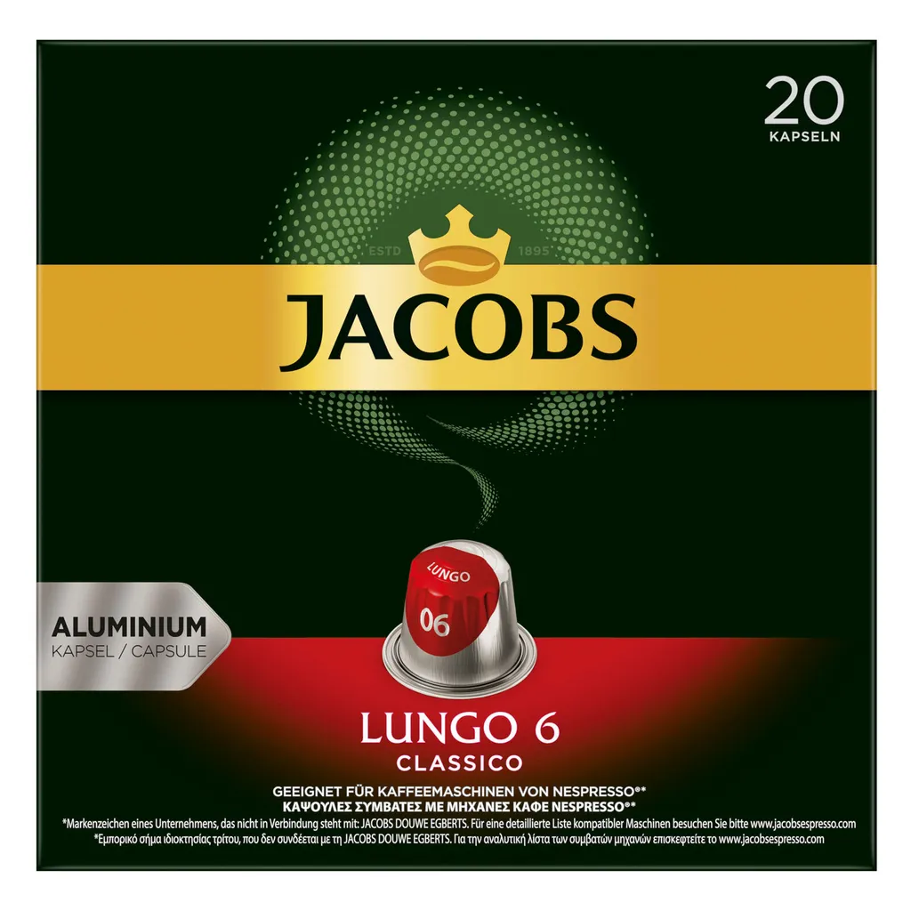 JACOBS Kapseln Nespresso®* Kompatibel Je 20 Kapseln Lungo 6 Classico + Decaffeinato 6 Lungo + Lungo 8 Intenso + Espresso 12 Ristretto - Insgesamt 160 Getränke 4 JACOBS Kapseln Nespresso®* Kompatibel Je 20 Kapseln Lungo 6 Classico + Decaffeinato 6 Lungo + Lungo 8 Intenso + Espresso 12 Ristretto - Insgesamt 160 Getränke – Bild 4