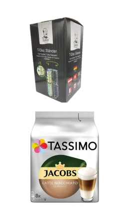 James Premium® Tassimo Jacobs Latte Macchiato Classico 8er Pack, 264 G Packung Plus Tassimo Drehständer Passend Für 6 Sorten A 8 T-Disc Drehbar