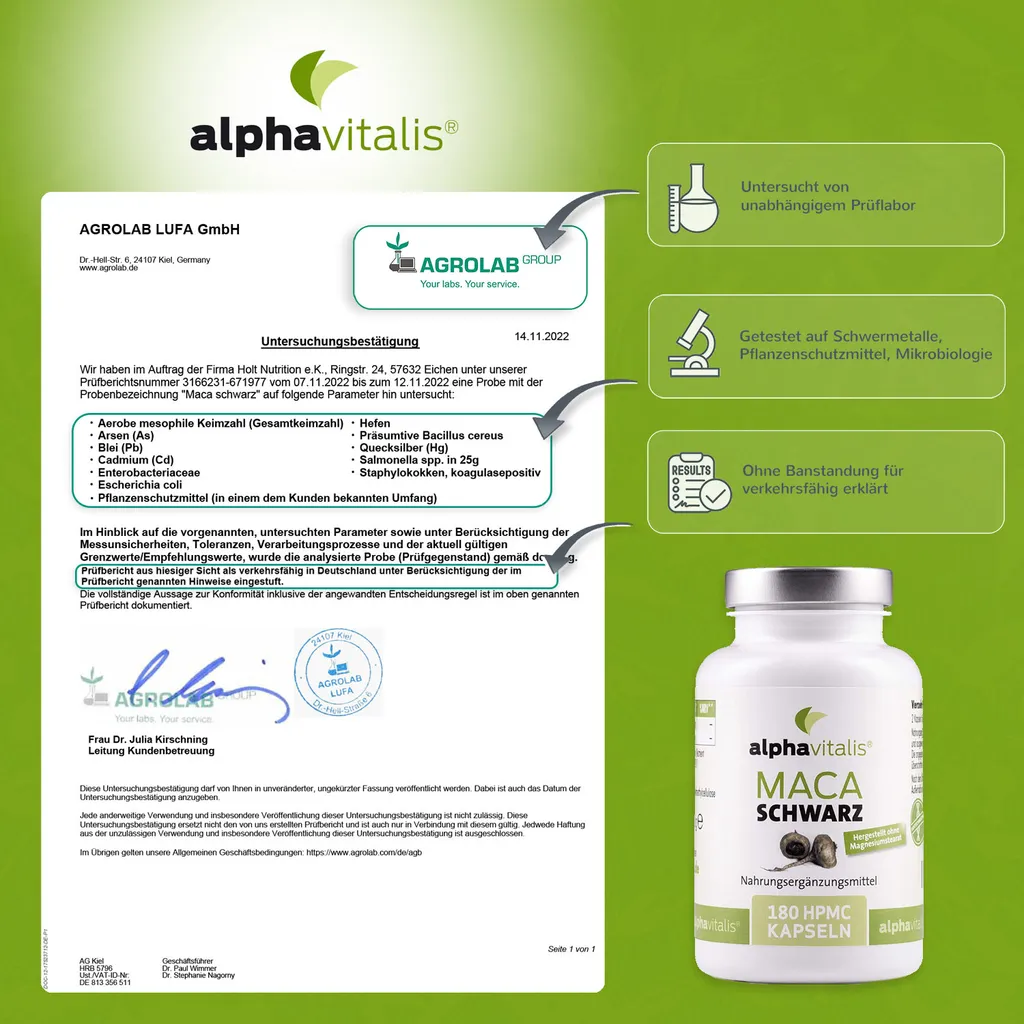 Alphavitalis Maca Schwarz | Vegan | 180 Kapseln | 4:1 Schwarzer Maca-Extrakt | | Labor | Ohne Magnesiumstearat 6 Alphavitalis Maca Schwarz | Vegan | 180 Kapseln | 4:1 Schwarzer Maca-Extrakt | | Labor | Ohne Magnesiumstearat – Bild 6