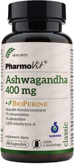 PHARMOVIT SP. Z O. O. Indischer Ginseng Ashwagandgha 400 Mg BioPerine Standardisierter Extrakt 60 Kapseln PharmoVit