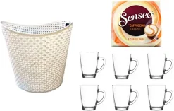 WAK INNOVATION Senseo Cappuccino Caramel Für Geeignet Senseo Und Weitere Kaffeemaschinen Aktion+ 6 Kaffeebecher Mit Henkel Plus Wäschekorbaktion Rattan-Design 27 Liter