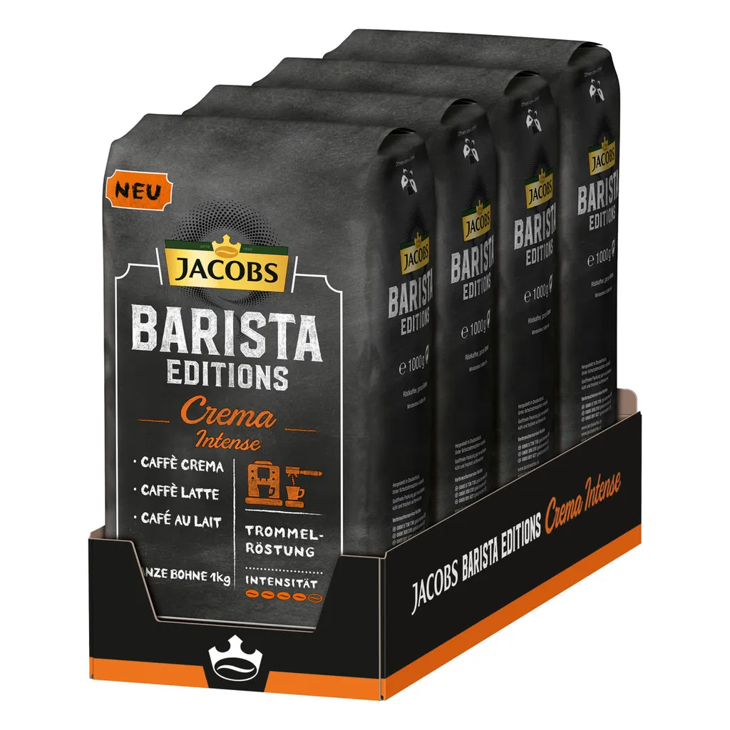Jacobs Barista Editions Crema Intense, Bohnenkaffee, Ganze Bohnen, Röstkaffee, Kaffeebohnen, 4 X 1000 G 1 Jacobs Barista Editions Crema Intense, Bohnenkaffee, Ganze Bohnen, Röstkaffee, Kaffeebohnen, 4 X 1000 G