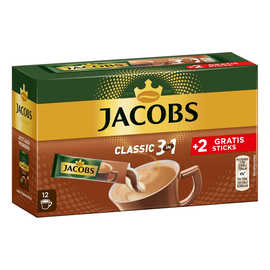 JACOBS Löskaffee 3in1 Classic Löslicher Kaffee 12 X 10+2 Sticks Instantkaffee 2 JACOBS Löskaffee 3in1 Classic Löslicher Kaffee 12 X 10+2 Sticks Instantkaffee – Bild 2