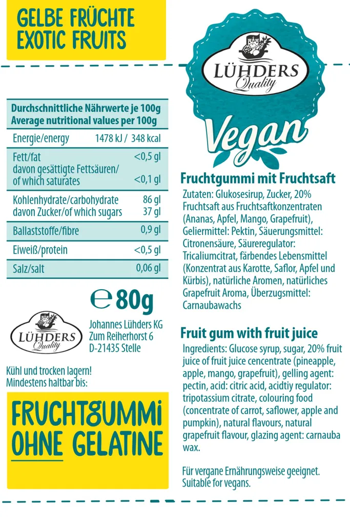 Lühders LÜHDERS - Exotische Früchte/ Gelbe Früchte, Vegane Fruchtgummis 2 Lühders LÜHDERS - Exotische Früchte/ Gelbe Früchte, Vegane Fruchtgummis – Bild 2