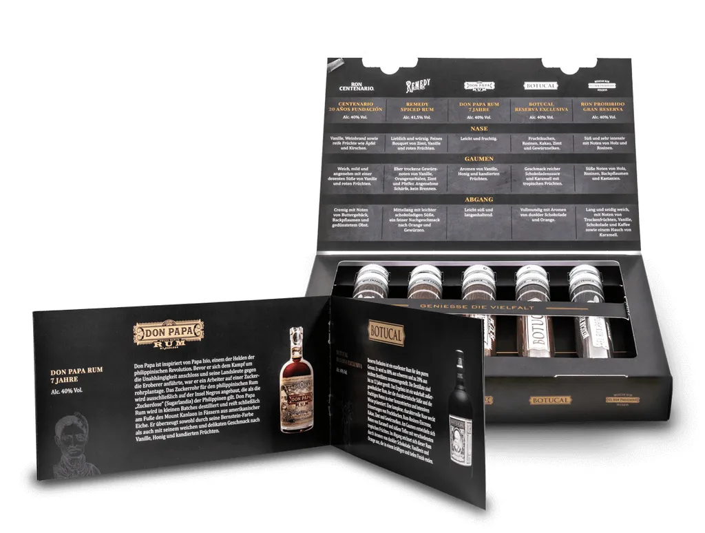 Premium Rum Tasting Set 5 X 0,05 L | Ron Centenario Solera 20 Fundación, Remedy Spiced Rum, Don Papa Rum 7 Jahre, Botucal Reserva Exclusiva & Ron Prohibido Gran Reserva Solera 15 6 Premium Rum Tasting Set 5 X 0,05 L | Ron Centenario Solera 20 Fundación, Remedy Spiced Rum, Don Papa Rum 7 Jahre, Botucal Reserva Exclusiva & Ron Prohibido Gran Reserva Solera 15 – Bild 6