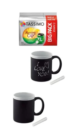 James Premium® Tassimo Morning Filter 21 Kaffee Kapseln Im Big Pack, 163.8 G Plus 2 Gläser Mit Henkel Mit Kreide Beschriftbar 300ml…