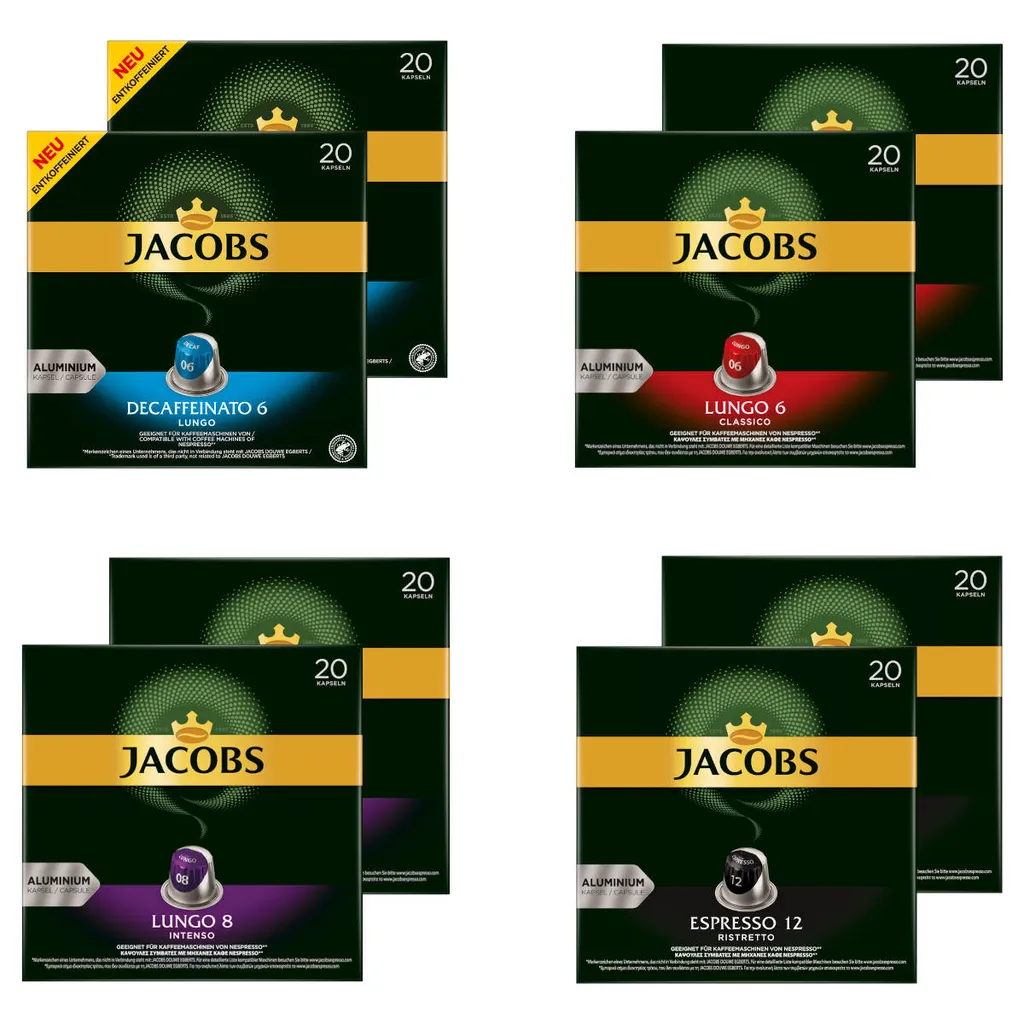 JACOBS Kapseln Nespresso®* Kompatibel Je 20 Kapseln Lungo 6 Classico + Decaffeinato 6 Lungo + Lungo 8 Intenso + Espresso 12 Ristretto - Insgesamt 160 Getränke 1 JACOBS Kapseln Nespresso®* Kompatibel Je 20 Kapseln Lungo 6 Classico + Decaffeinato 6 Lungo + Lungo 8 Intenso + Espresso 12 Ristretto - Insgesamt 160 Getränke