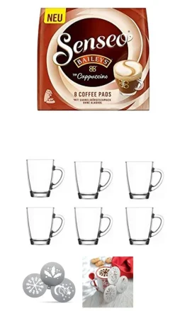 James Premium® Senseo Pads Typ Cappuccino Baileys, 1er Pack + 6 X Henkelbecher 300ml, Edelstahlschablonen Weihnachten