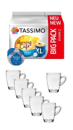 James Premium® Morning Café XL Mild + 6 X Glas Henkelbecher Henkel 300ml, Höhe: 10,5cm